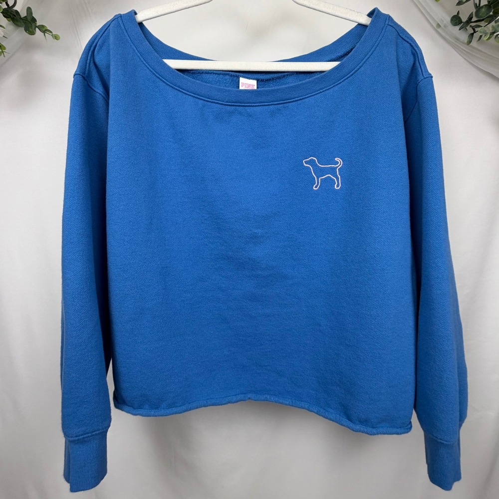 PINK Victorias Secret Blue Cropped Fleece Sweatshirt Embroidered Dog Logo Large